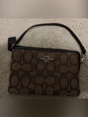 Coach Brown Signature Canvas Wristlet with Dark Trim